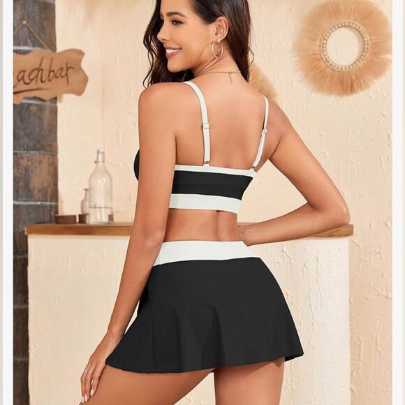 Zaful NWT Black & White Colorblock Bikini Set with Swim Skirt Bottom Size 4 - Picture 2 of 11